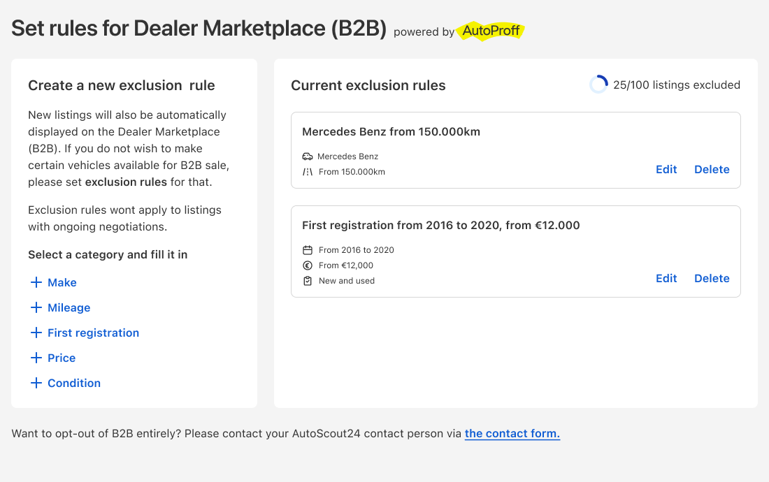 The Set rules for Dealer Marketplace (B2B) page, powered by AutoProff. On the left, dealers create an exclusion rule by make, mileage, first registration, price or condition. On the right, current rules such as Mercedes Benz from 150.000km, with a count of 25 of 100 listings excluded.