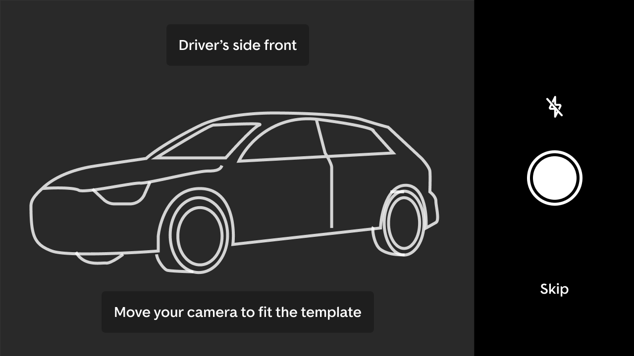 The camera, held in landscape: a white outline of a car to line up with, labelled Driver&rsquo;s side front, the hint &lsquo;Move your camera to fit the template&rsquo;, a shutter button, a flash toggle and Skip.
