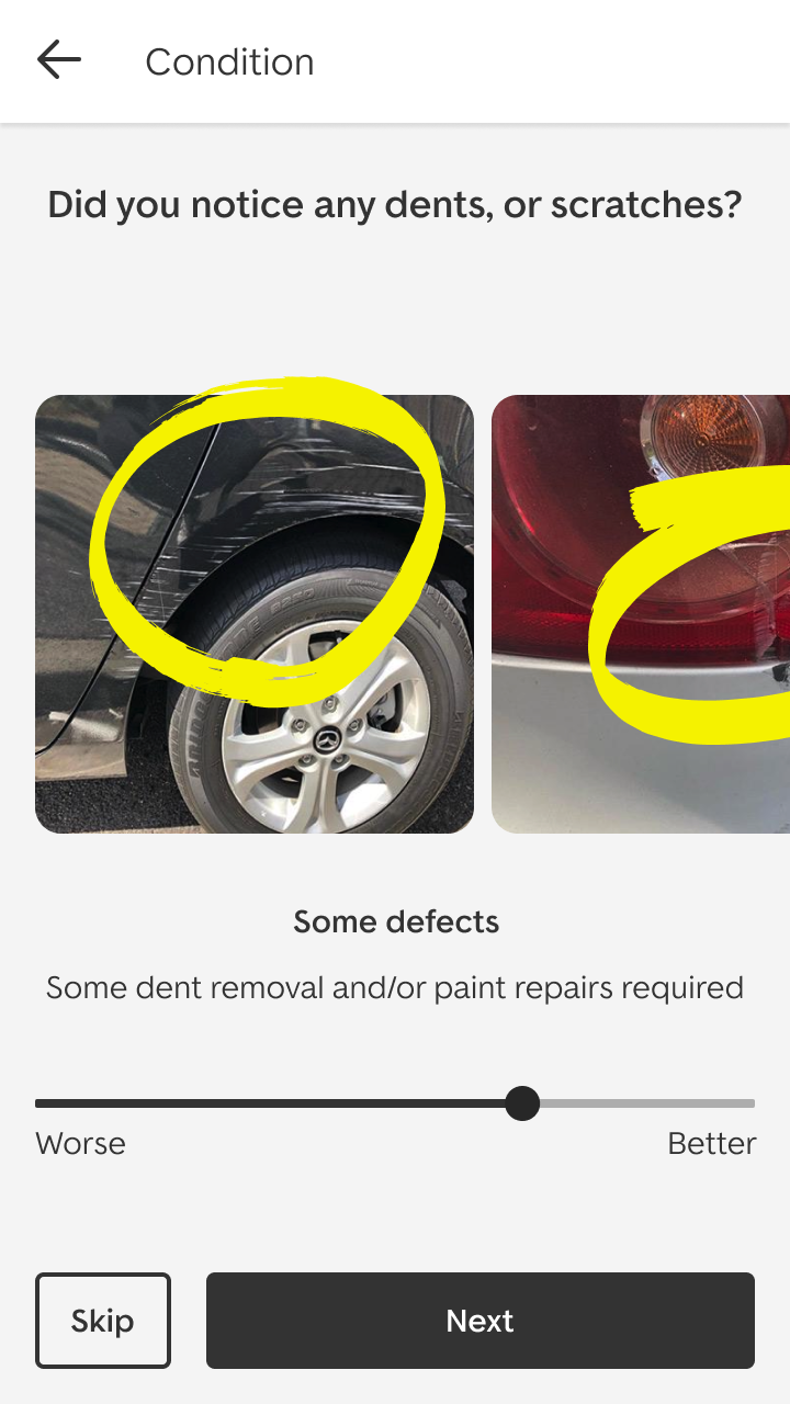 Condition: &lsquo;Did you notice any dents, or scratches?&rsquo; Example photos of a scratched wheel arch and a cracked rear light, circled in yellow, above a Worse to Better slider set to &lsquo;Some defects: some dent removal and/or paint repairs required&rsquo;.