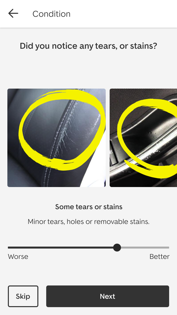 Condition: &lsquo;Did you notice any tears, or stains?&rsquo; Example photos of worn leather seat stitching and a marked door handle, circled in yellow, above a Worse to Better slider set to &lsquo;Some tears or stains: minor tears, holes or removable stains&rsquo;.
