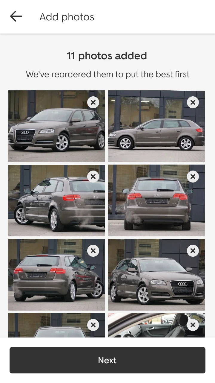 Add photos: 11 photos added, in a two-column grid, with the message &lsquo;We&rsquo;ve reordered them to put the best first&rsquo; and a Next button.