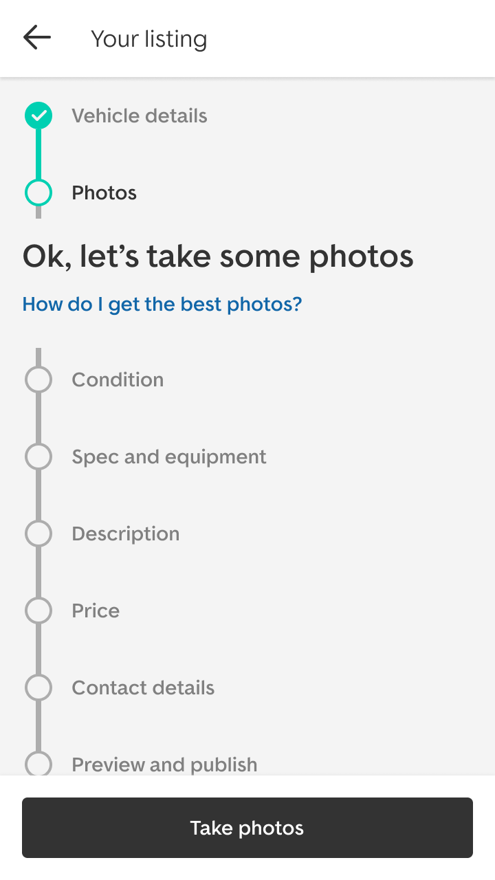Your listing, with vehicle details ticked off and photos as the current step: &lsquo;Ok, let&rsquo;s take some photos&rsquo;, a link to tips for the best photos, the remaining steps through to preview and publish, and a Take photos button.