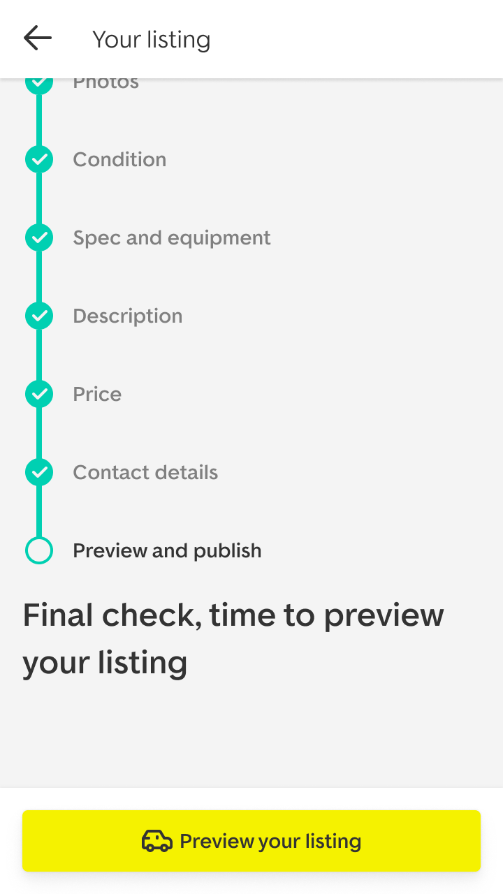 Your listing, with every step ticked off from photos through condition, spec and equipment, description, price and contact details, and preview and publish as the last step: &lsquo;Final check, time to preview your listing&rsquo;, with a yellow Preview your listing button.