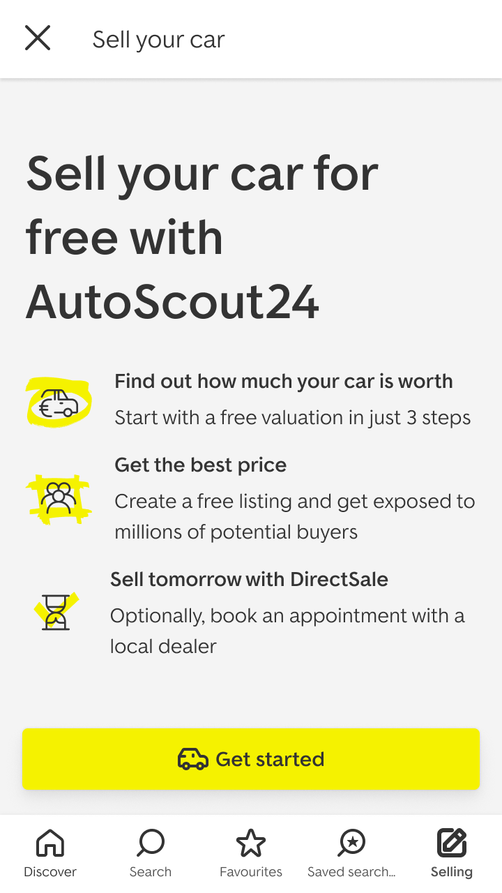Sell your car for free with AutoScout24: find out what your car is worth with a free valuation in three steps, get the best price with a free listing seen by millions of buyers, or sell tomorrow with DirectSale by booking an appointment with a local dealer. A yellow Get started button sits above the app's tab bar, with Selling selected.