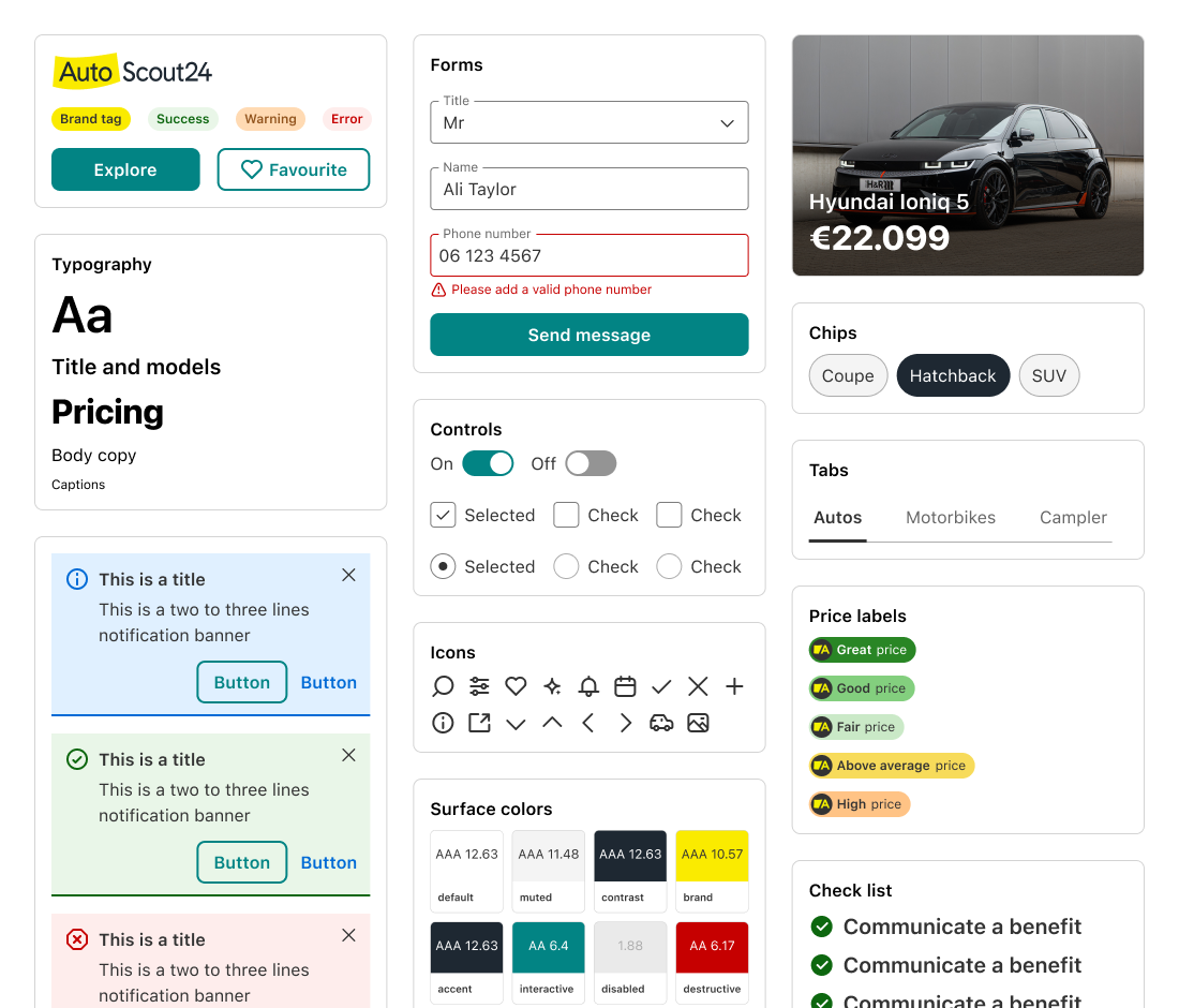 Showcar components themed for AutoScout24: logo, tags and buttons, typography, form fields with an error state, a send button, toggles, checkboxes and radio buttons, notification banners, icons, surface colours with contrast ratings, a car card, chips, tabs, price labels and a check list.