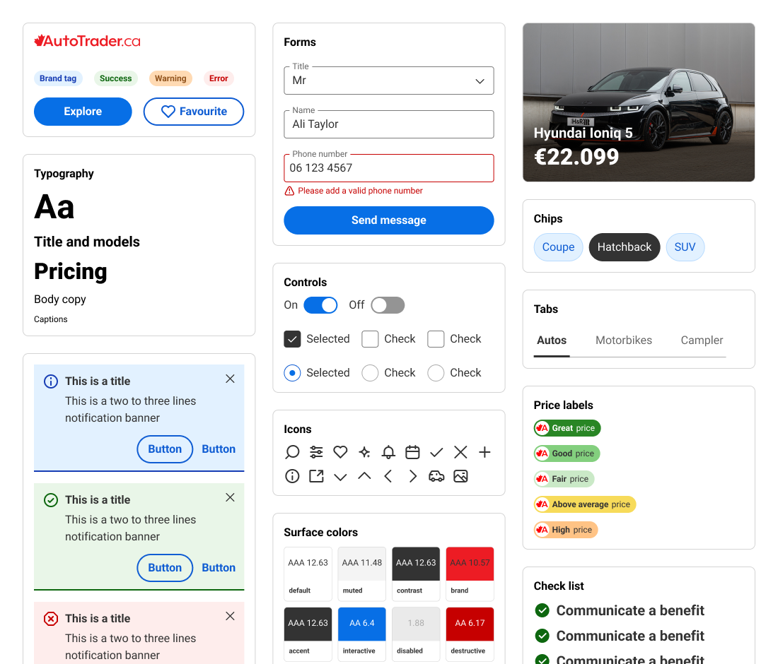 Showcar components themed for AutoTrader.ca: logo, tags and buttons, typography, form fields with an error state, a send button, toggles, checkboxes and radio buttons, notification banners, icons, surface colours with contrast ratings, a car card, chips, tabs, price labels and a check list.
