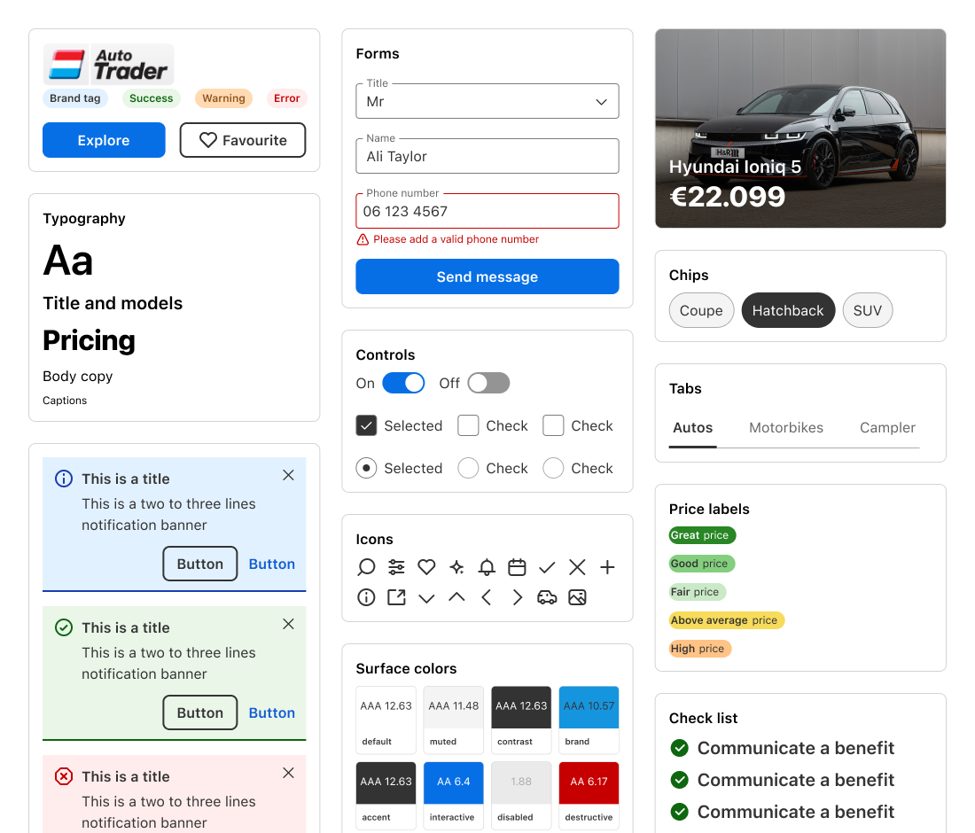 Showcar components themed for AutoTrader.nl: logo, tags and buttons, typography, form fields with an error state, a send button, toggles, checkboxes and radio buttons, notification banners, icons, surface colours with contrast ratings, a car card, chips, tabs, price labels and a check list.