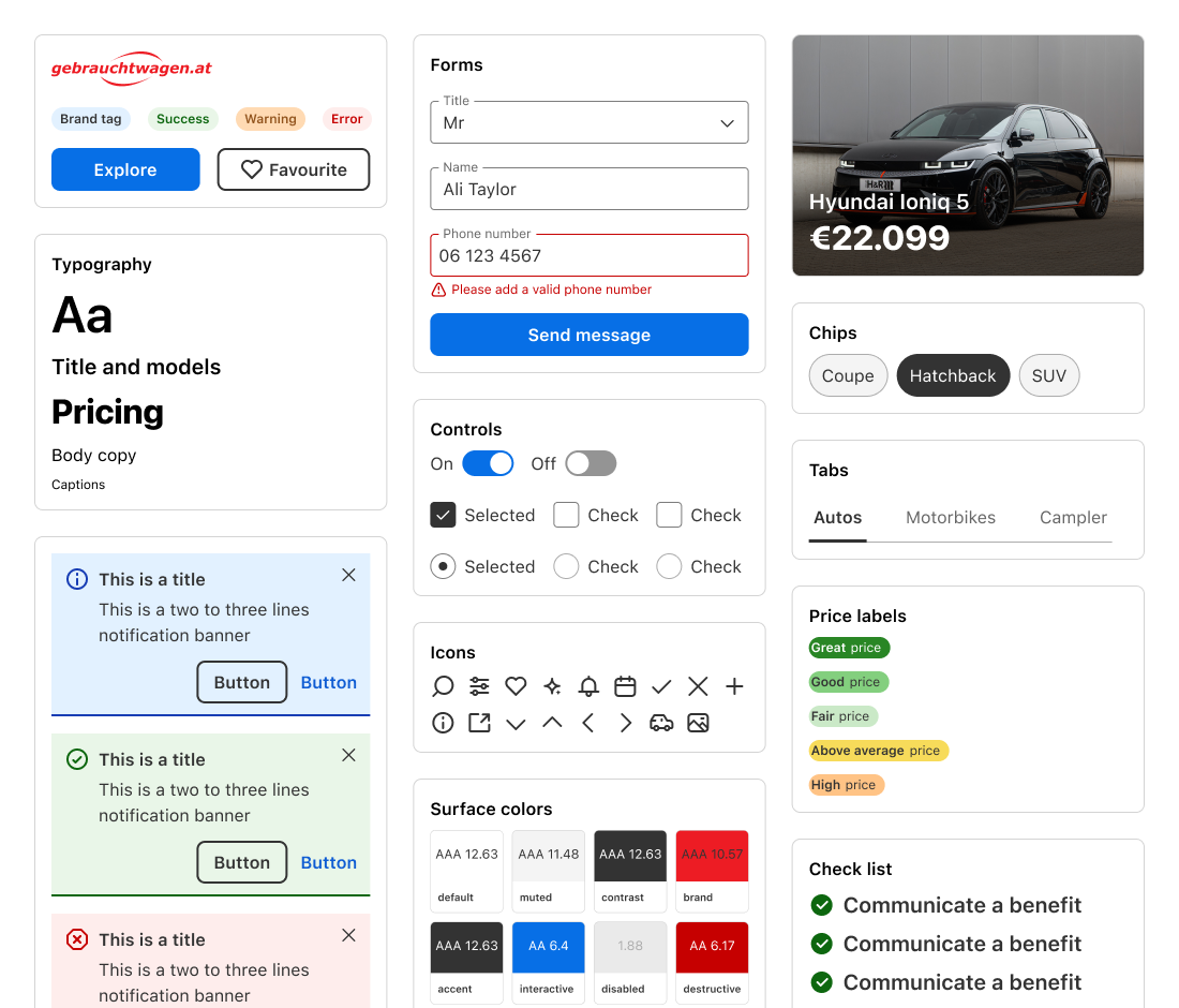 Showcar components themed for gebrauchtwagen.at: logo, tags and buttons, typography, form fields with an error state, a send button, toggles, checkboxes and radio buttons, notification banners, icons, surface colours with contrast ratings, a car card, chips, tabs, price labels and a check list.