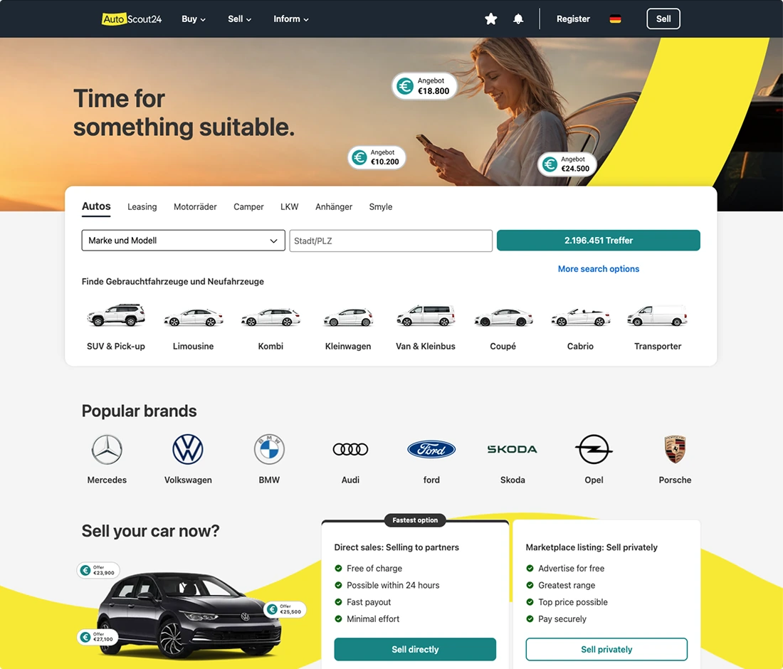 The AutoScout24 homepage built with Showcar: brand header and hero image, the search panel with body-type shortcuts, popular brands, and the sell-your-car module.