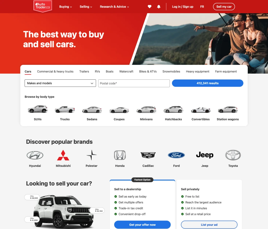 The AutoTrader.ca homepage built with Showcar: brand header and hero image, the search panel with body-type shortcuts, popular brands, and the sell-your-car module.
