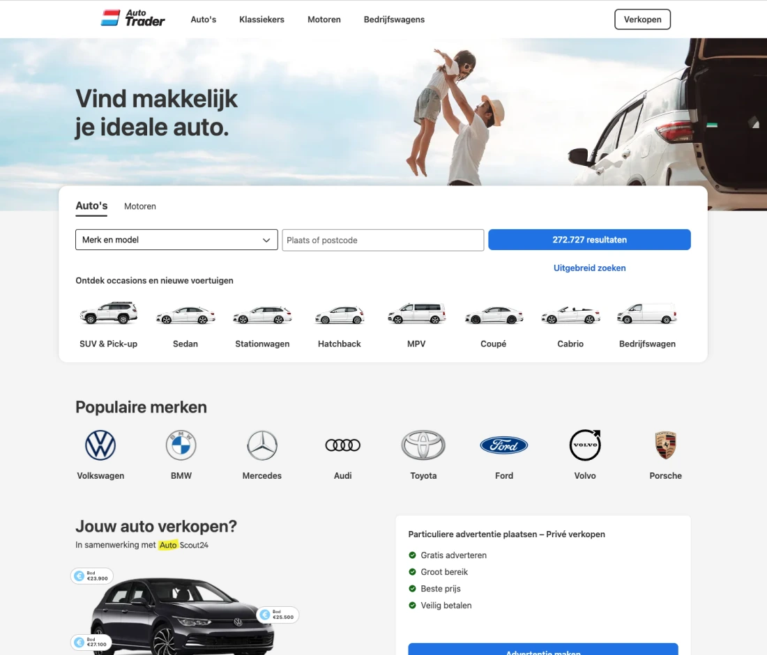 The AutoTrader.nl homepage built with Showcar: brand header and hero image, the search panel with body-type shortcuts, popular brands, and the sell-your-car module.