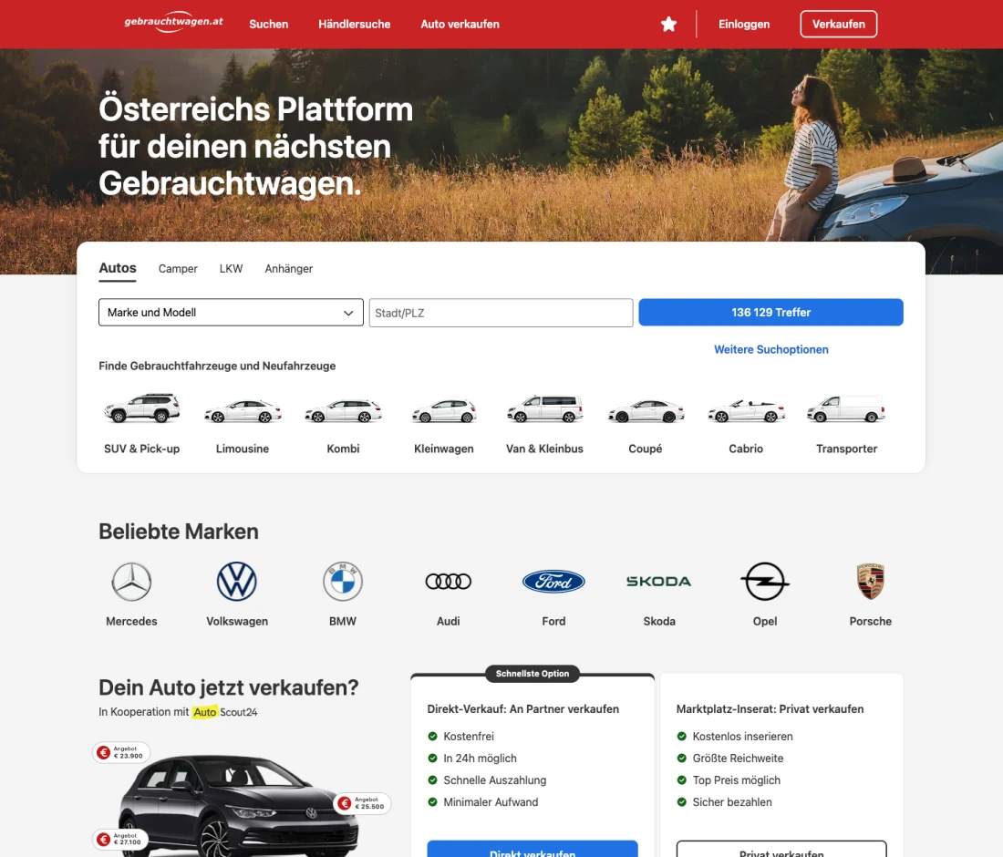 The gebrauchtwagen.at homepage built with Showcar: brand header and hero image, the search panel with body-type shortcuts, popular brands, and the sell-your-car module.