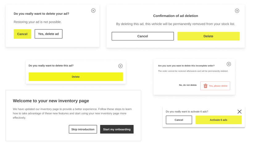 Six confirmation modals from production, each built differently: yellow or outlined buttons in either order, full-width or compact buttons, left-aligned or centred titles, different close icons, and a dark primary button on an onboarding dialog.
